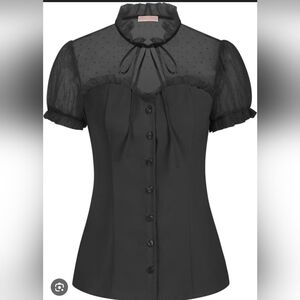 Belle Poque Chic Black Button-Up Blouse with Sheer Sleeves